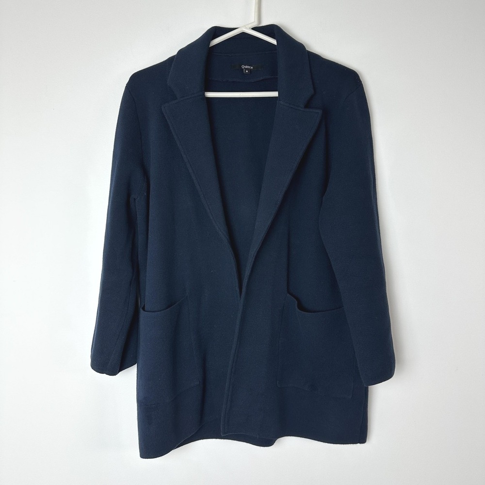 Quince Navy Blue 100% Organic Cotton Knit Blazer Cardigan Sweater Womens Small